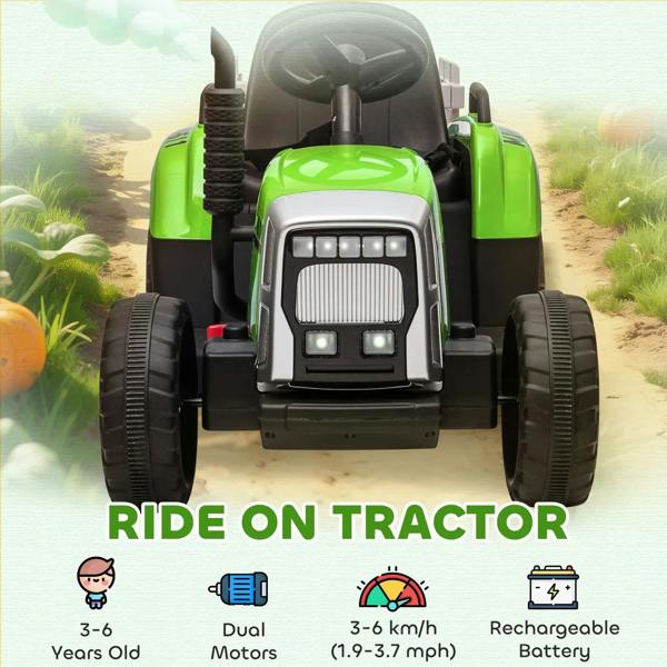 Front view of green ride-on tractor with LED headlights and large tread tires