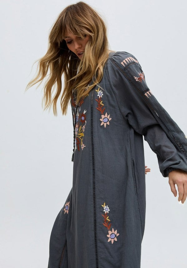 Elisa Kaftan Style Embroidered Maxi Dress In Grey