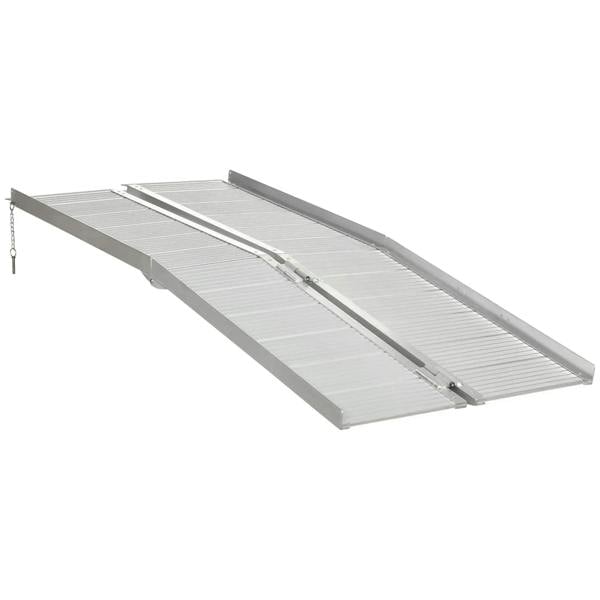 Aluminum folding wheelchair ramp, silver with textured tread and side rails