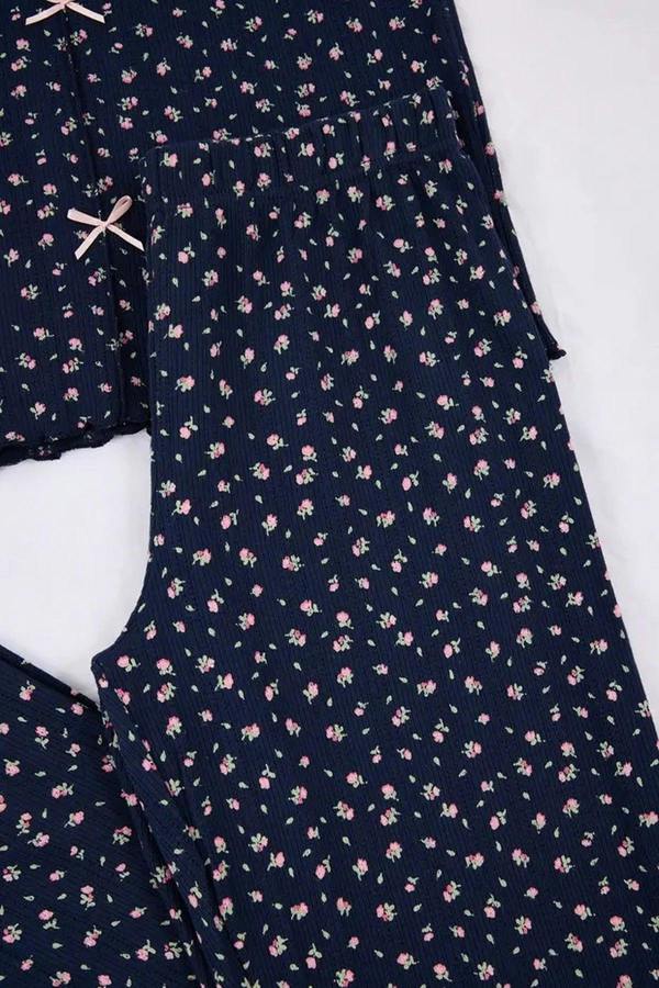WOVCOR 2-Piece 100% Cotton Floral Ribbon Knit Pajama Set