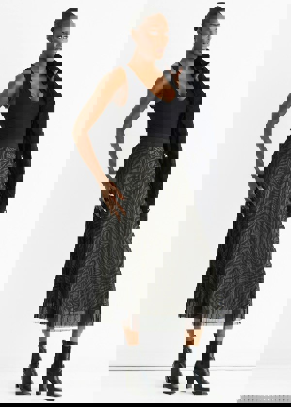 Gini London Black Animal Print Mesh Overlay Pleated Midi Skirt