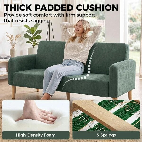 2 Seater Sofa, Velvet Small Couch with 20cm Thick Padding, Wide and Deep Seat, Dark Green