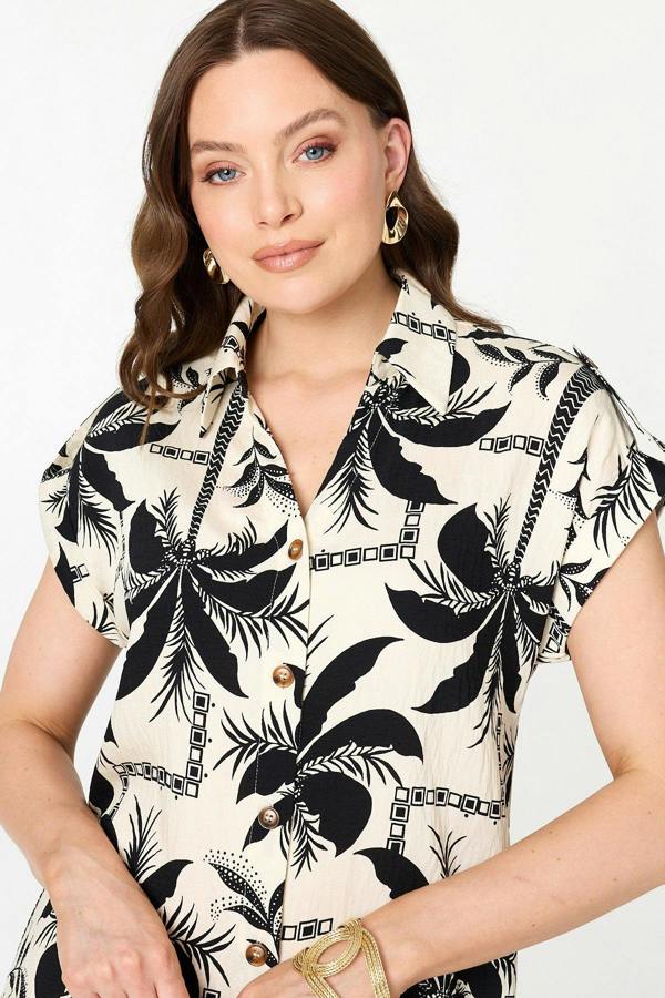 Black | Tropical Cap Sleeve Knee Length Dress