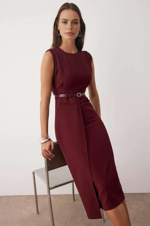 WOVCOR Belt Detailed Woven Midi Dress