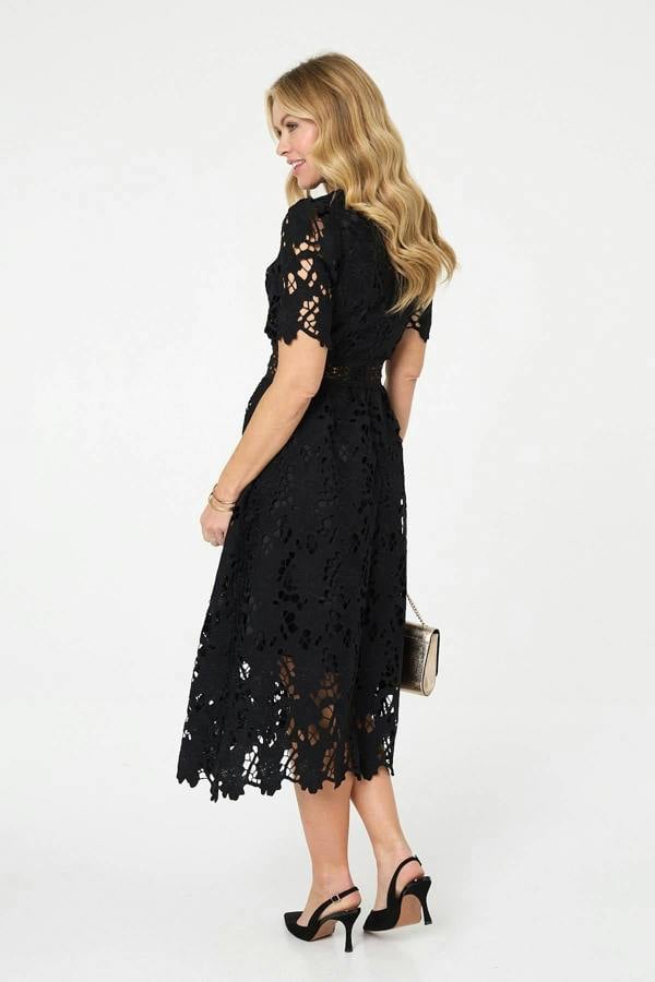 Black | Semi Sheer Lace Layer Midi Dress
