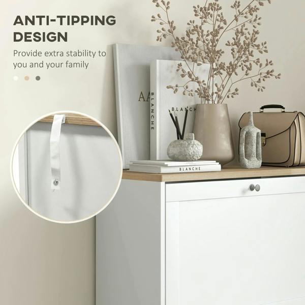 White shoe cabinet with anti-tipping wall strap attachment on the side