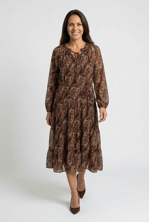 Izabel London Abstract Long Sleeve Tiered Midi Dress