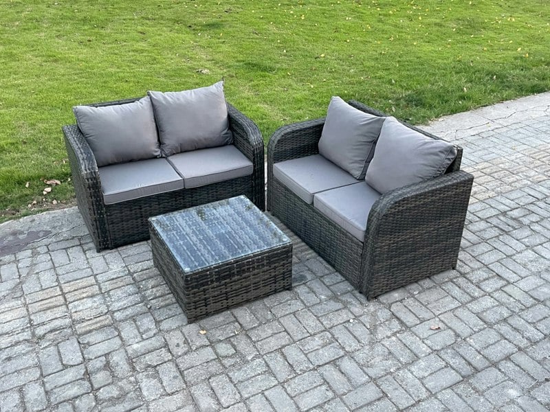 Fimous Rattan Sofa Set Outdoor Garden Furniture Set with Square Coffee Table Loveseat Sofa Dark Grey Mixed