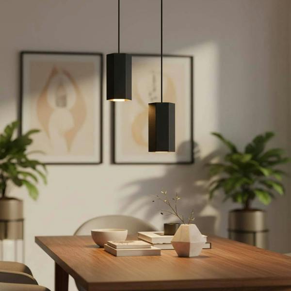 Black pendant light fitting above a table with plants and pictures around it
