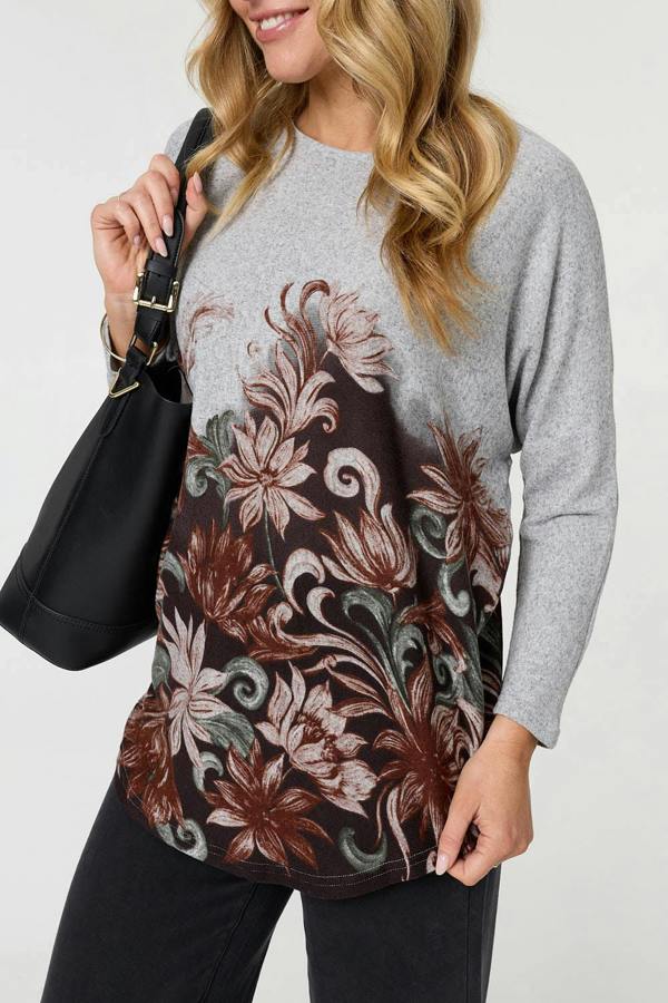 Brown | Floral Relaxed Long Batwing Sleeve Top