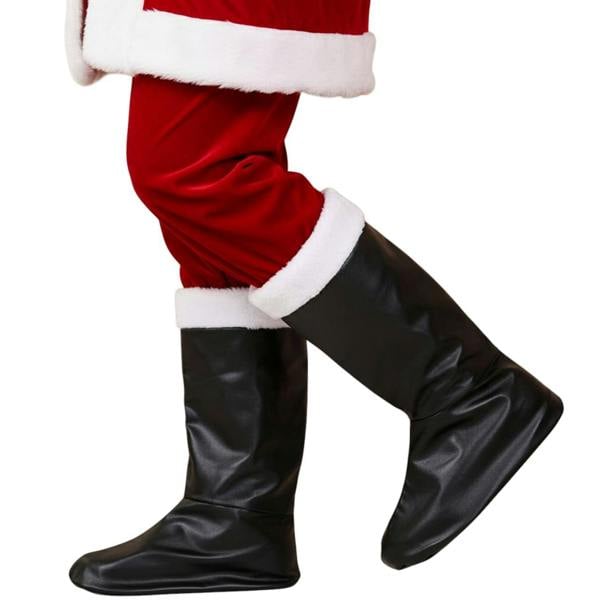 One Size Black Santa Boot Covers with Fur Trim for Christmas Costume Dressing image 1