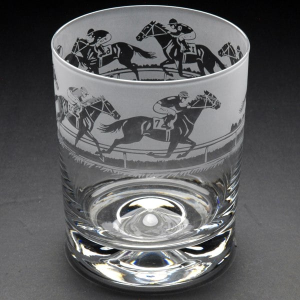 Glyptic Glass Art Horse Racing Whiskey Tumbler Glass - Hand Etched/Engraved Gift