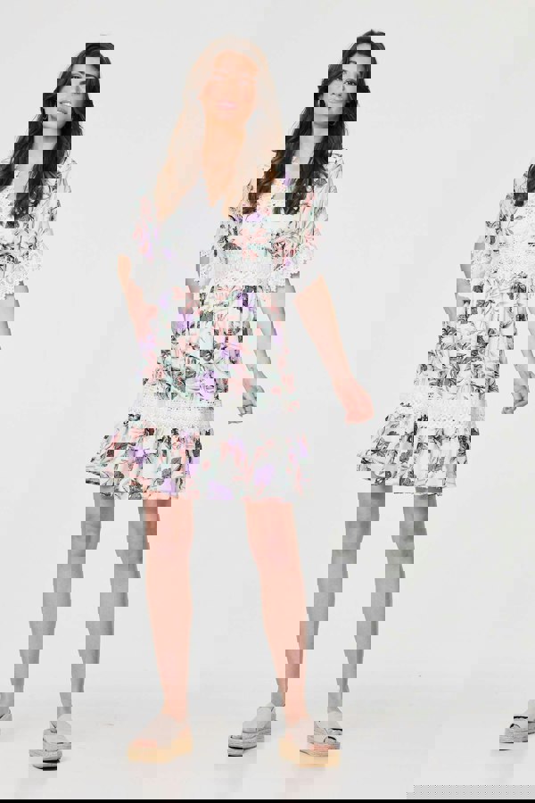 White | Leaf Print Lace Trim Short Dress