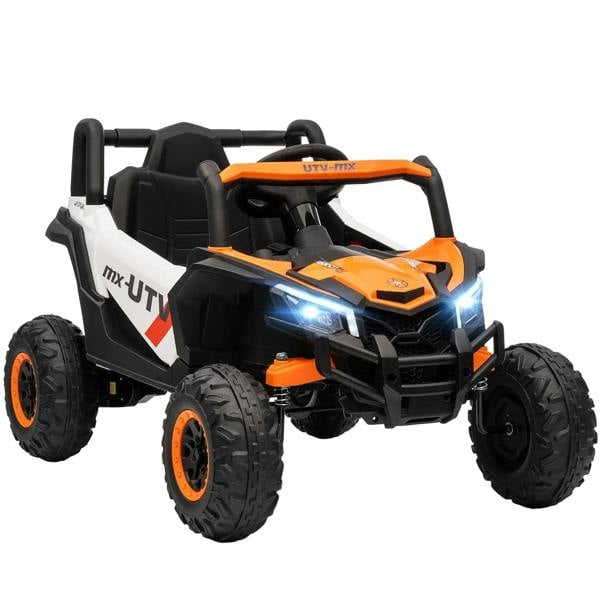Orange and black kids electric ride-on car with LED headlights and chunky tires