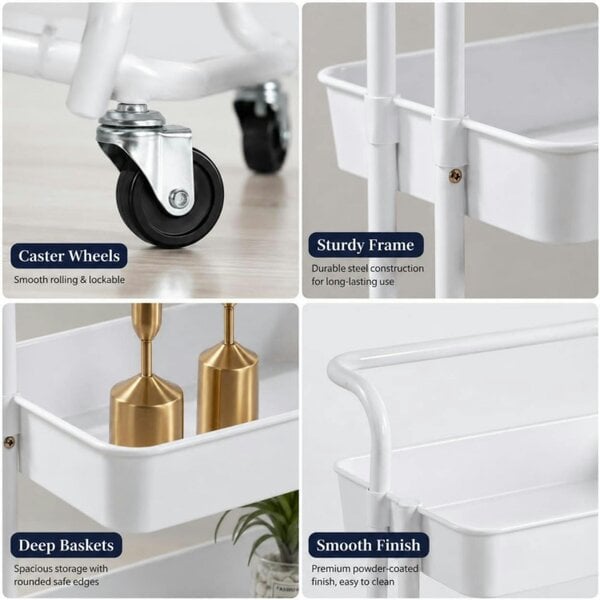 Dyzi 3 Tier Rolling Storage Trolley Utility Organiser with Wheels White