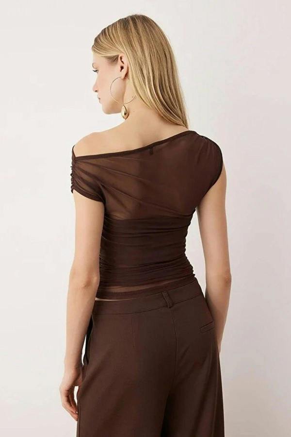 WOVCOR Lined Carmen Neck Knitted Tulle Party Blouse