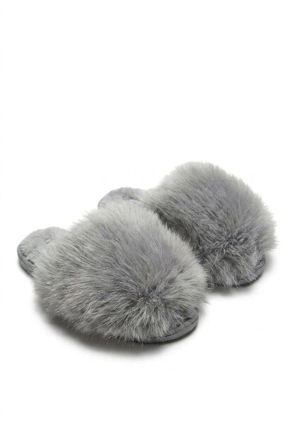 Mildred Fluffy Faux Fur Winter Sandals - Grey_wb