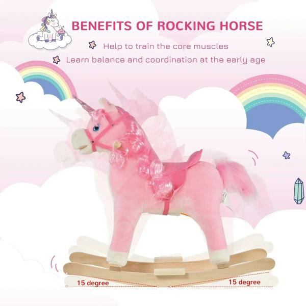 Pink plush rocking unicorn ride-on on wooden base with plush mane and tail