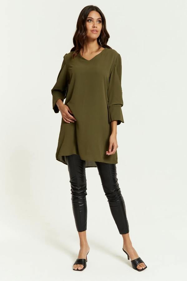 Hoxton Gal Oversized Detailed Sleeves V Neck Tunic in Khaki