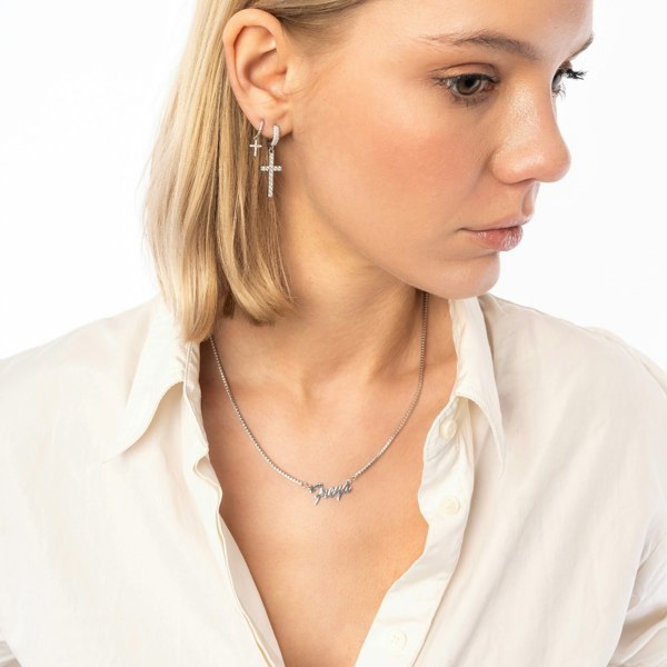Spero London Sterling Silver Huggie Pave Cross Drop Earring