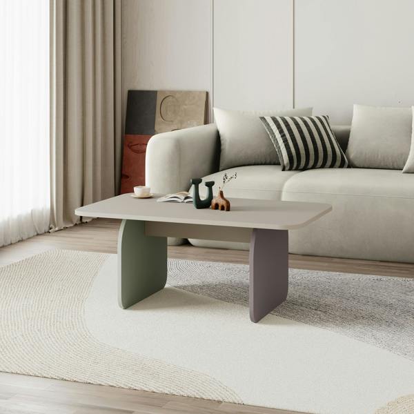 Decortie Modern Coffee Table Radius Edges with Flat Panel Legs Japandi Style Particleboard Living Room 100cm