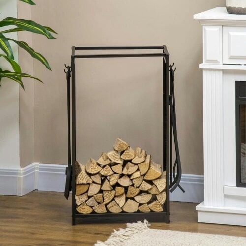 Bobobiy Steel Firewood Log Holder Firewood Rack Fireplace Wood Storage Shelf with 4 Tools, Tree Pattern Design, Black, 46W x 30D x 70H cm