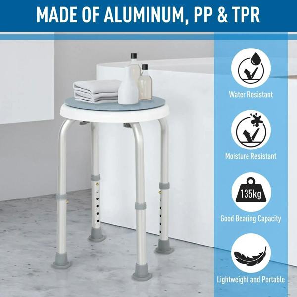 Light blue round shower stool with white aluminium legs and circular seat.