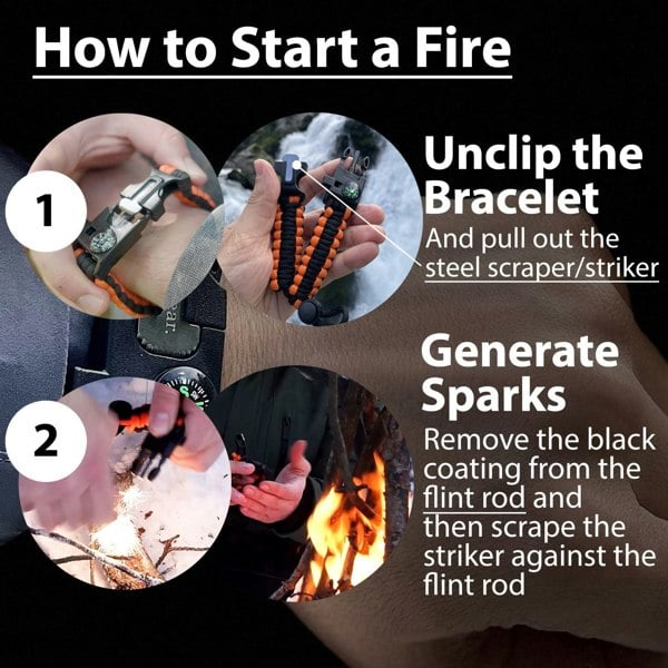 Paracord Survival Bracelet (5 in 1): Flint and Steel Fire Starter, Whistle, Compass, Mini Saw - aZengear