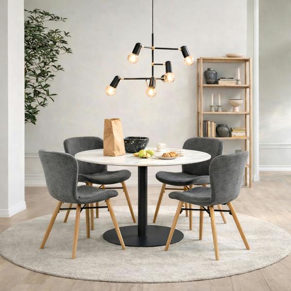 Furniture To Go Corby Round Dining Table with White Polished Marble Top & Black Base includes 4 Batilda Dining Chairs in Grey/Oak