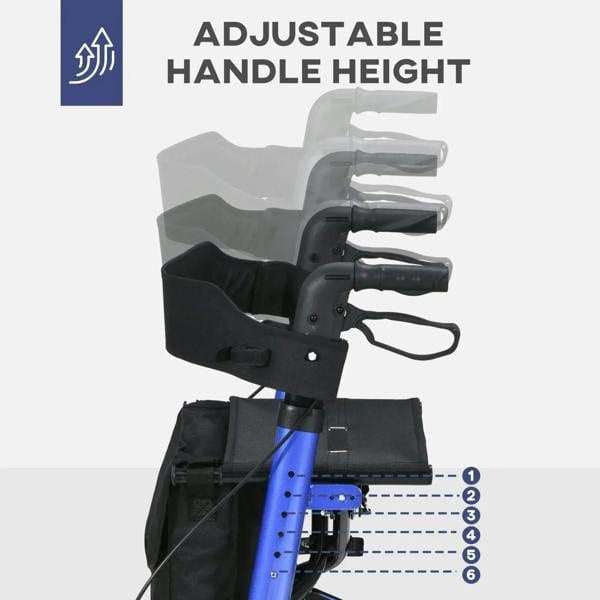 Adjustable-height handle on a blue rollator walker with padded armrests and brakes