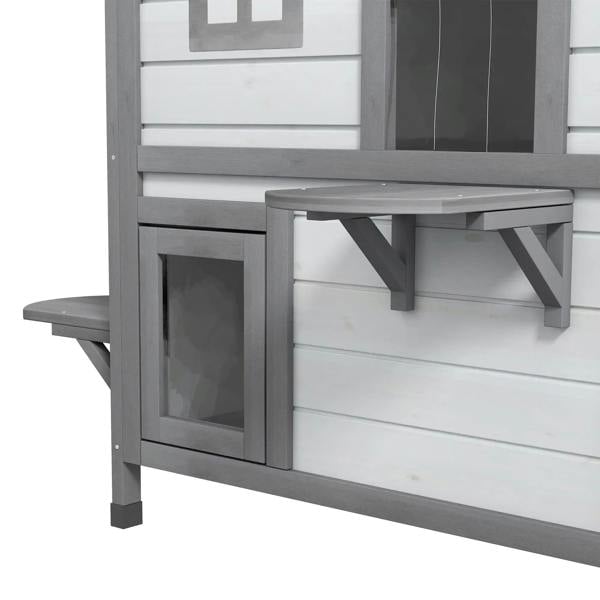 White cat house front door opening with gray ramp and side ledge platform