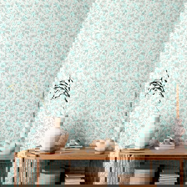 Hoopla Walls Floral Toile - Duck Egg Blue 10m Wallpaper