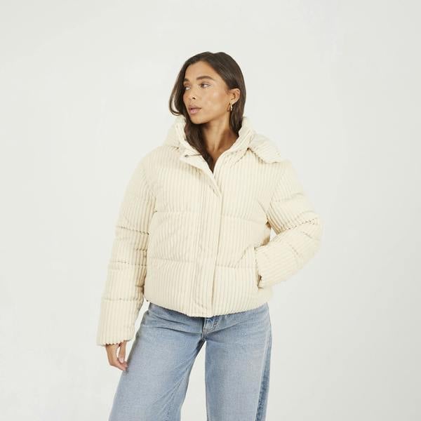 Brave Soul Cream Jumbo Cord Hooded Puffer Jacket - Cream Image 1