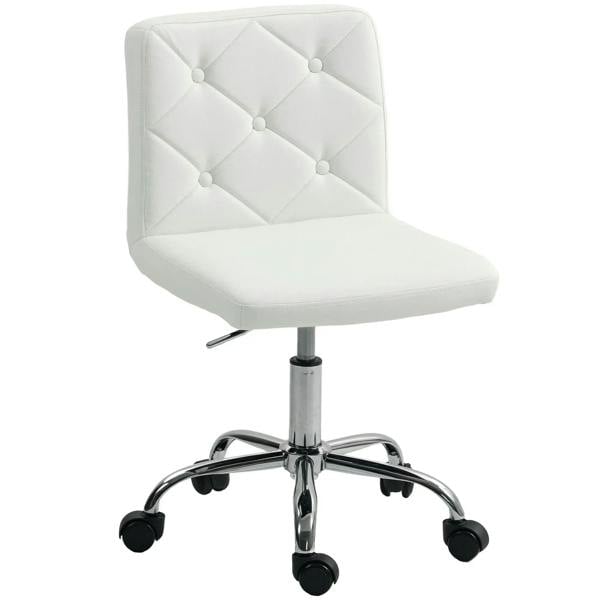 White PU leather armless office chair with tufted back, padded seat, chrome base and rolling wheels