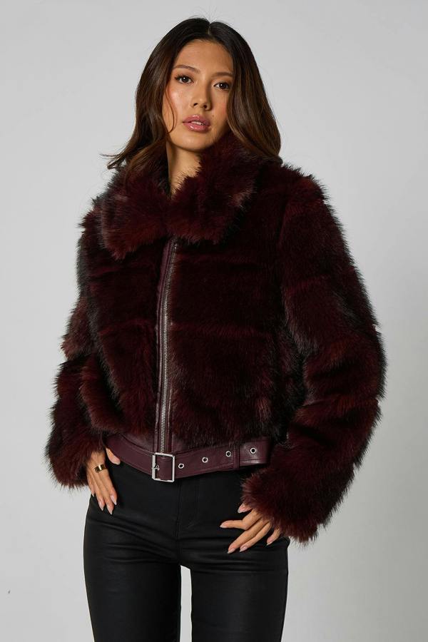 Urban Bliss Cut Faux Fur Belted Bomber Jacket