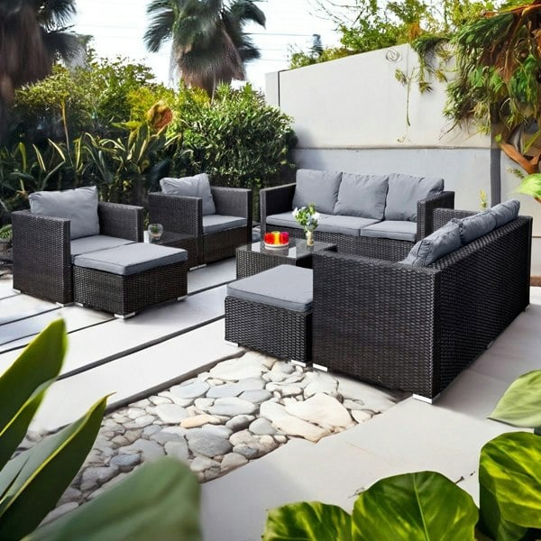 Oseasons Acorn Deluxe Rattan 10 Seat Lounge Sofa Set in Black