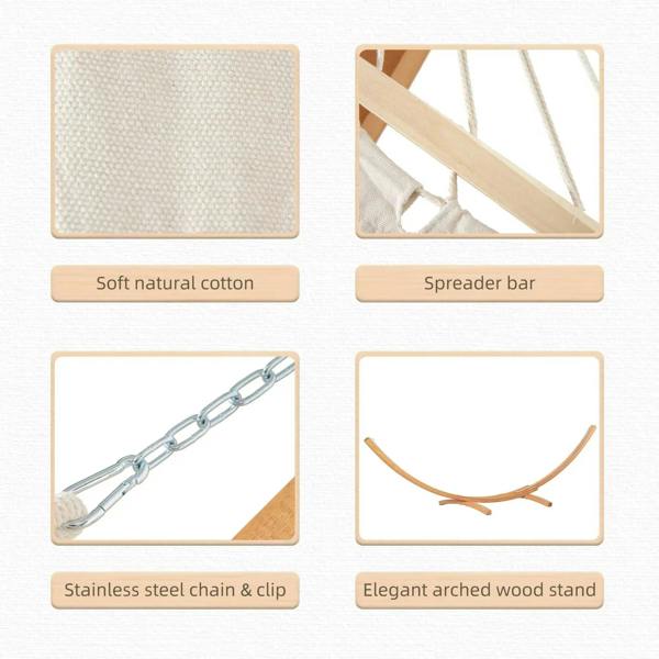 White cotton hammock swing with wooden stand, spreader bar and steel chain clips