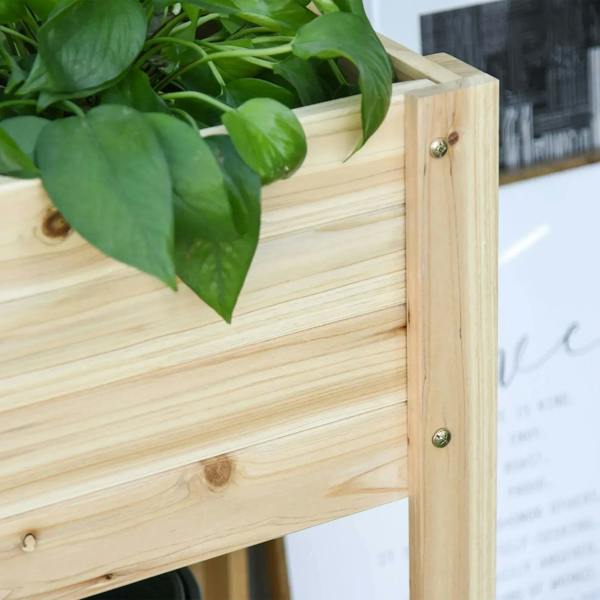Natural wooden raised plant stand corner post with metal screws and slatted side panel