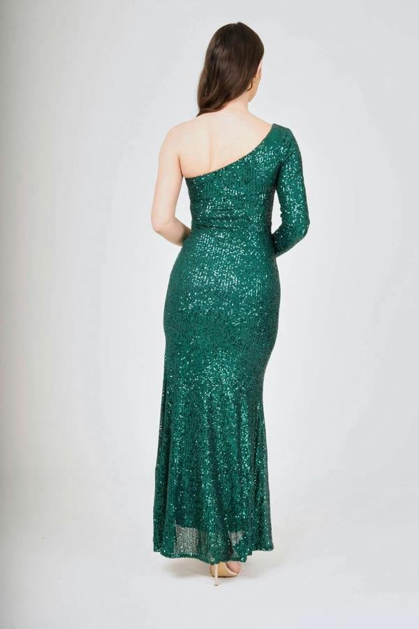 LuvForever Long One Sleeve One Shoulder Side Split Sequin Maxi Dress