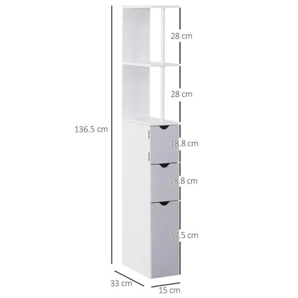 Narrow tall cabinet with two open shelves, three gray drawers, and white frame