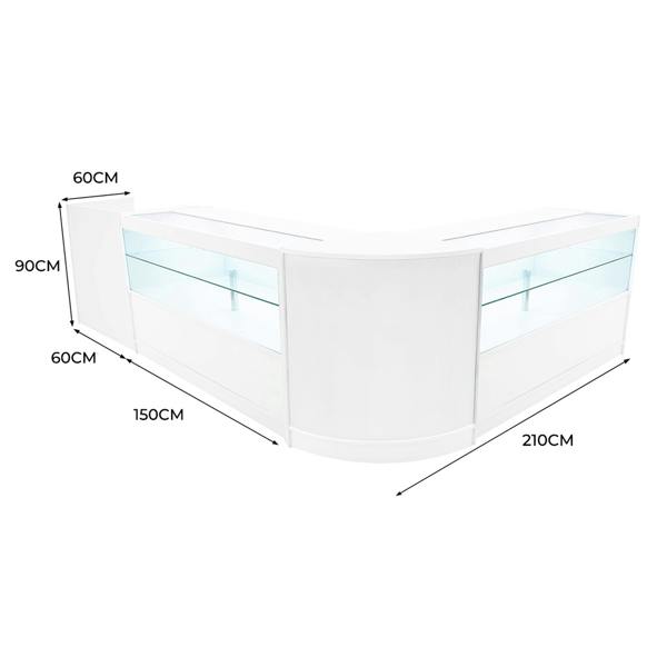 Curved white LED shop counter set featuring glass display shelves, measuring 210cm wide, 90cm high, and 60cm deep