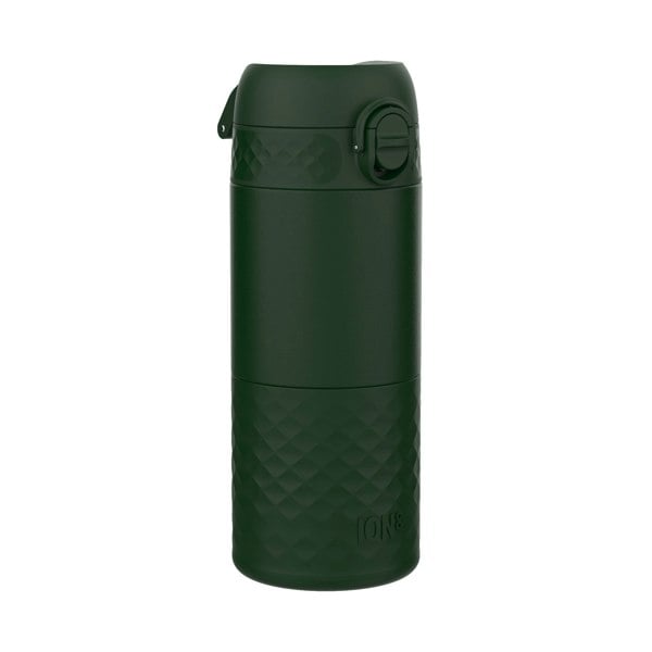 A dark-green ION8 water bottle stands upright against a white background. The bottle features a textured, diamond-patterned base.