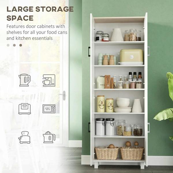 White kitchen cupboard open to storage with multiple shelves and cabinet compartments.