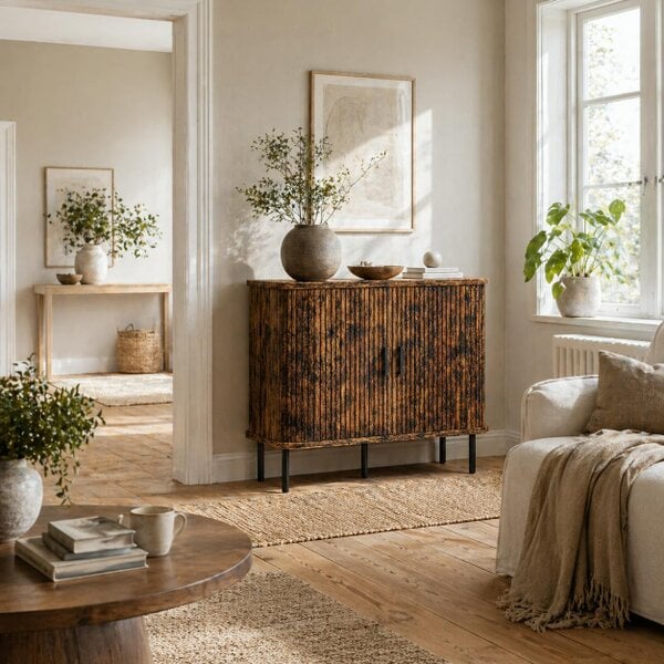 Wyld Haus Lasa Rustic Brown Mid Century Sideboard With Slatted Sliding Doors And Steel Legs