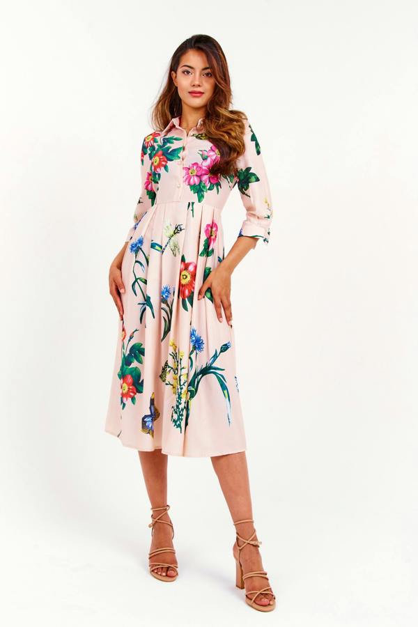 LuvForever Beige Floral Pleated Midi Dress