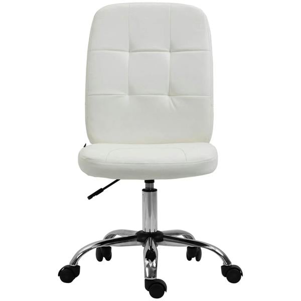White armless office chair with faux leather upholstery and swivel base
