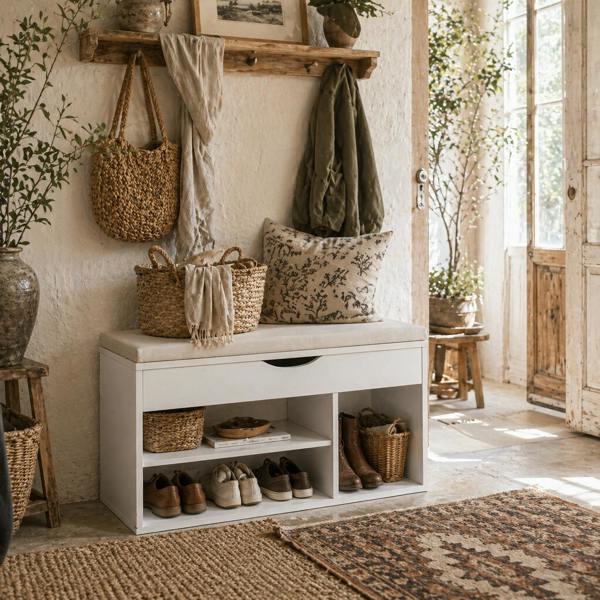 Wyld Haus Sokari Wooden White Shoe Storage Bench 1 Drawer And Padded Seat