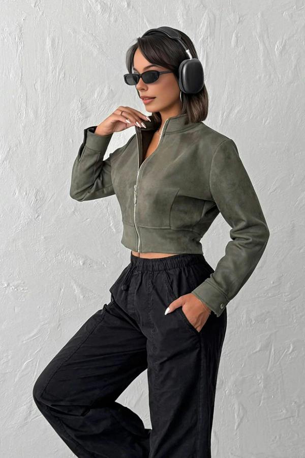 WOVCOR Zip-Up Crop Suede Knit Jacket