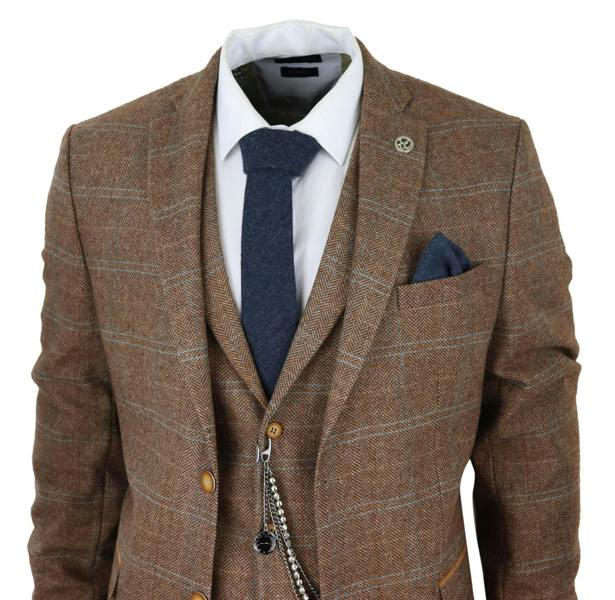 TruClothing Mens 3 Piece Wool Suit Oak Brown Tweed Herringbone Check Peaky Blinders Gatsby
