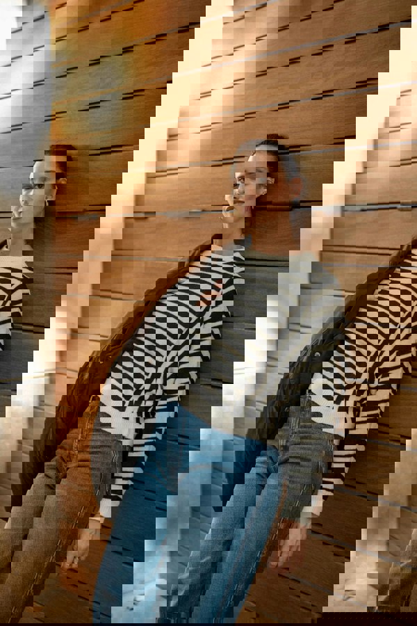 Gini London White Recycle Contrast Stripe Loose Fit Knit Jumper